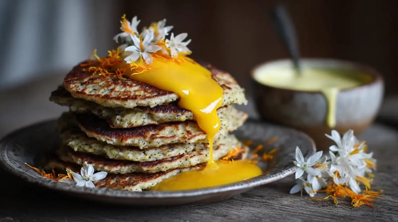 Saffron Buckwheat Pancakes with Orange Yogurt